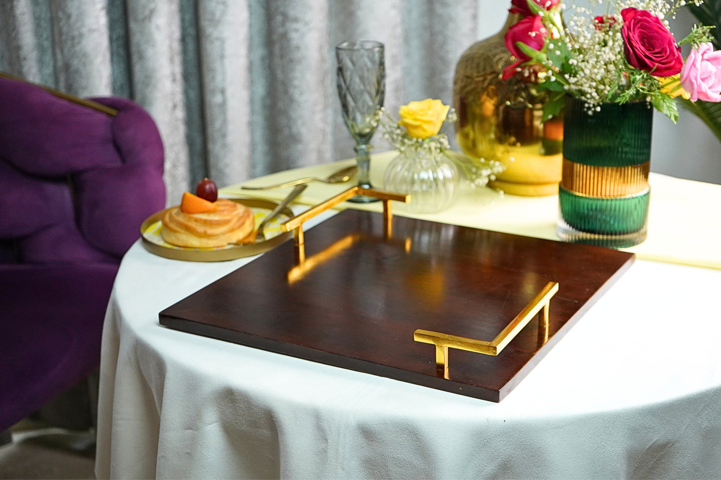 Artisan Grace Large Wooden Serving Tray with Golden Handles