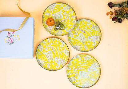 Paisley Yellow Quarter Snack Plates - Set of 4 (Comes in a Giftbox)