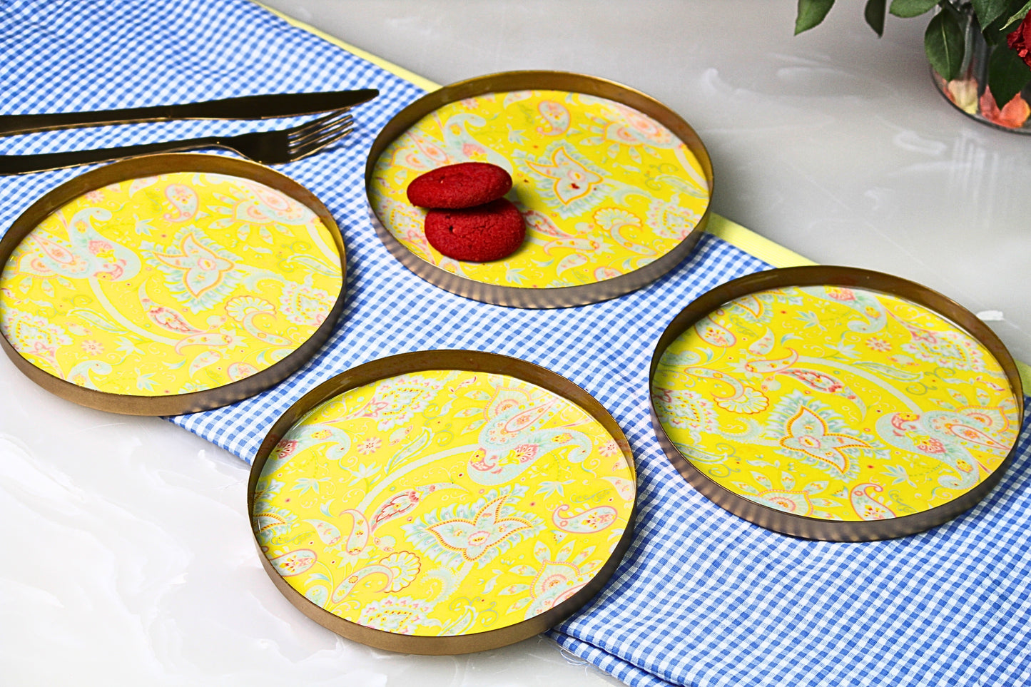 Set of 4 Paisley Yellow Quarter Snack Plate