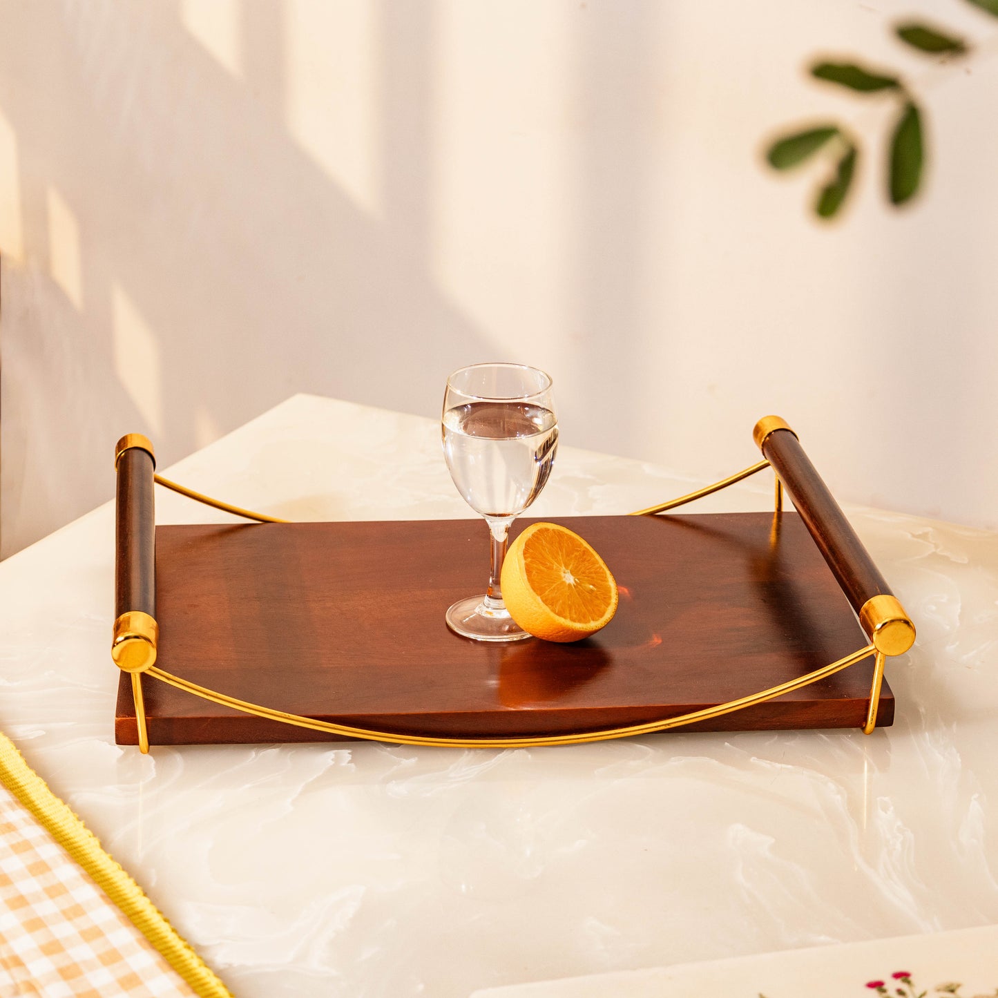 Vintage Luxe Large Wooden Serving Tray with Golden Handles