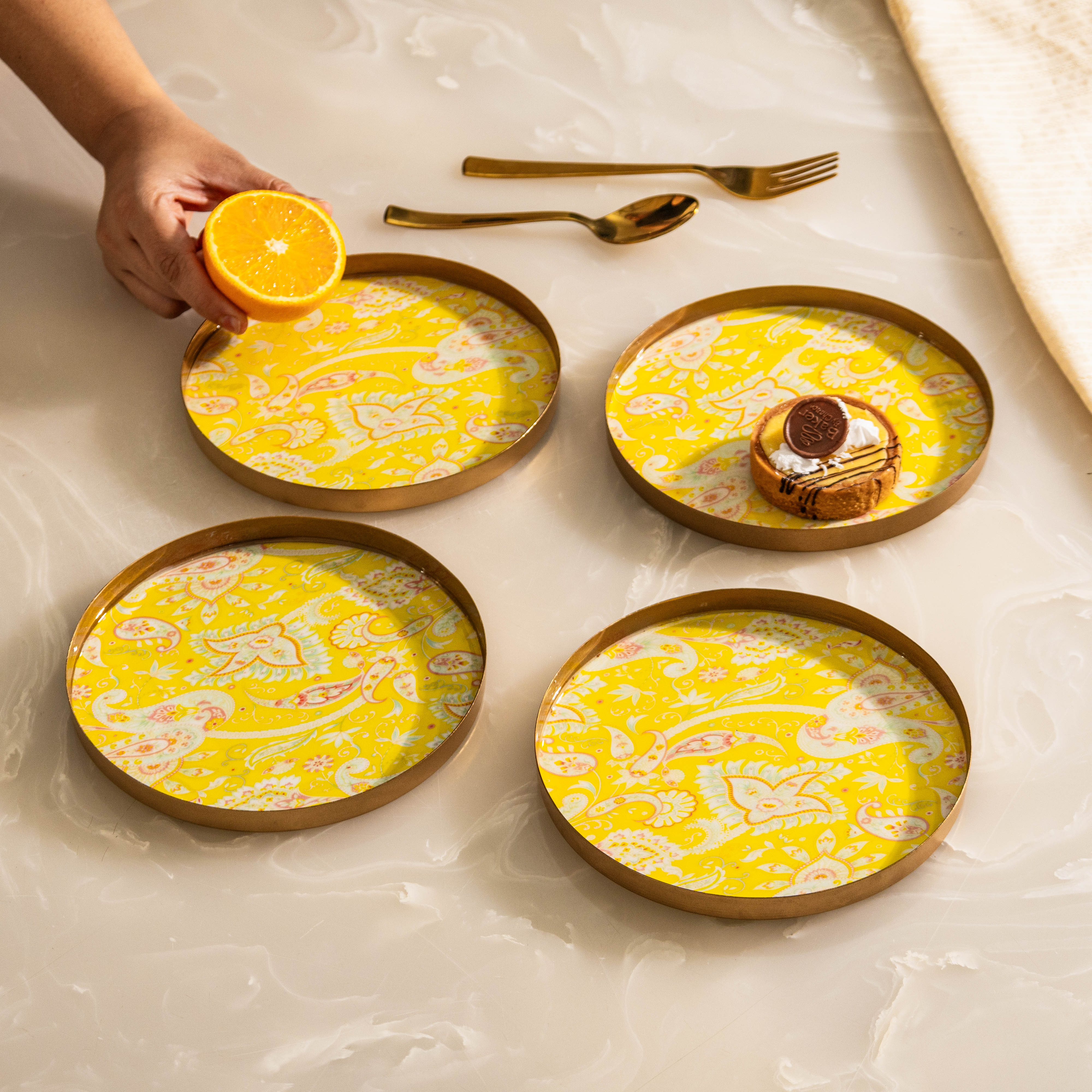 Set of 4 Paisley Yellow Quarter Snack Plate