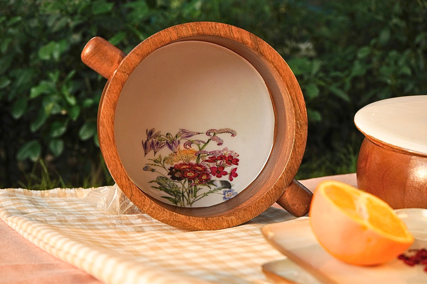 Acacia Wood Clover Bowl With Handle