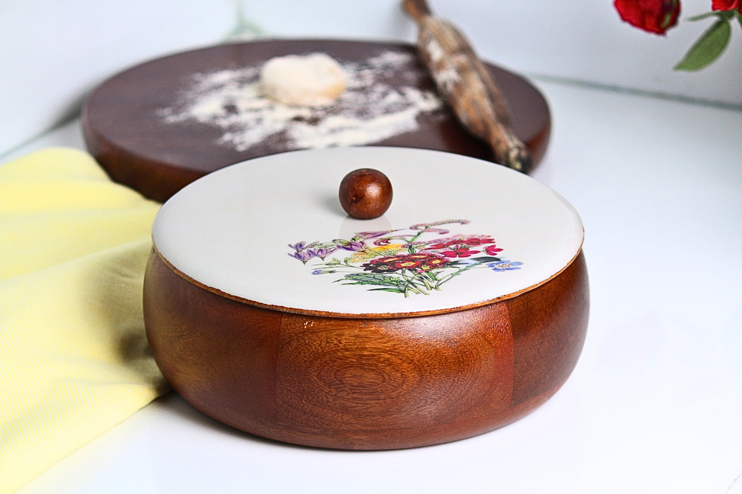 Acacia Wood Blossom Roti / Multipurpose / Storage Box (Comes in a Giftbox)