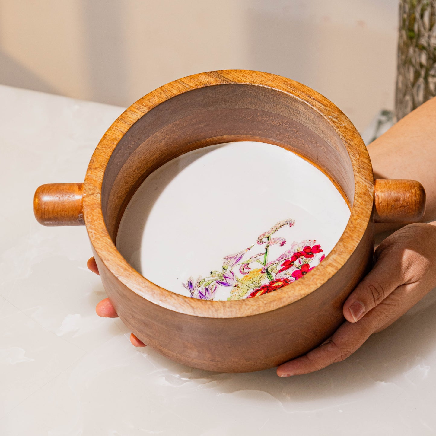 Acacia Wood Clover Bowl With Handle