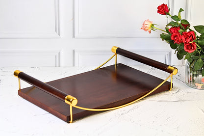 Vintage Luxe Large Wooden Serving Tray with Golden Handles