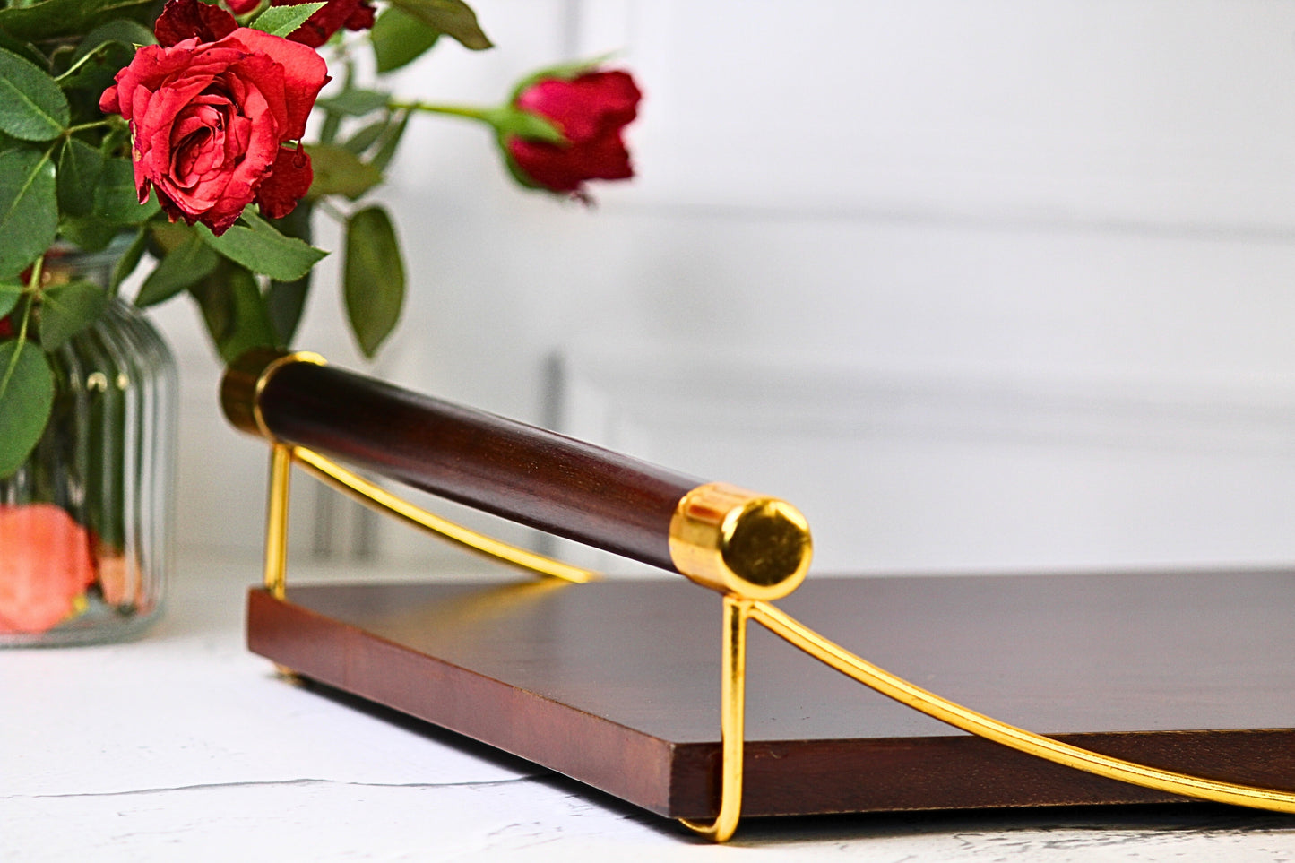 Vintage Luxe Large Wooden Serving Tray with Golden Handles