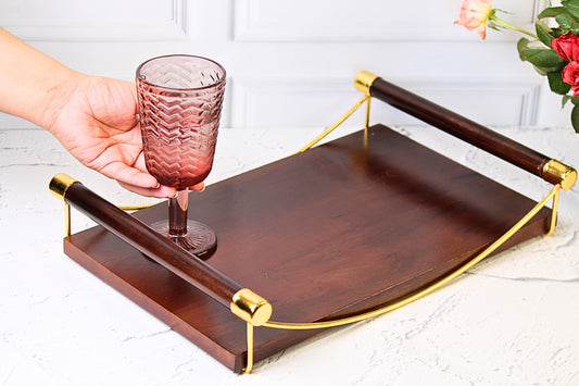 Vintage Luxe Large Wooden Serving Tray with Golden Handles