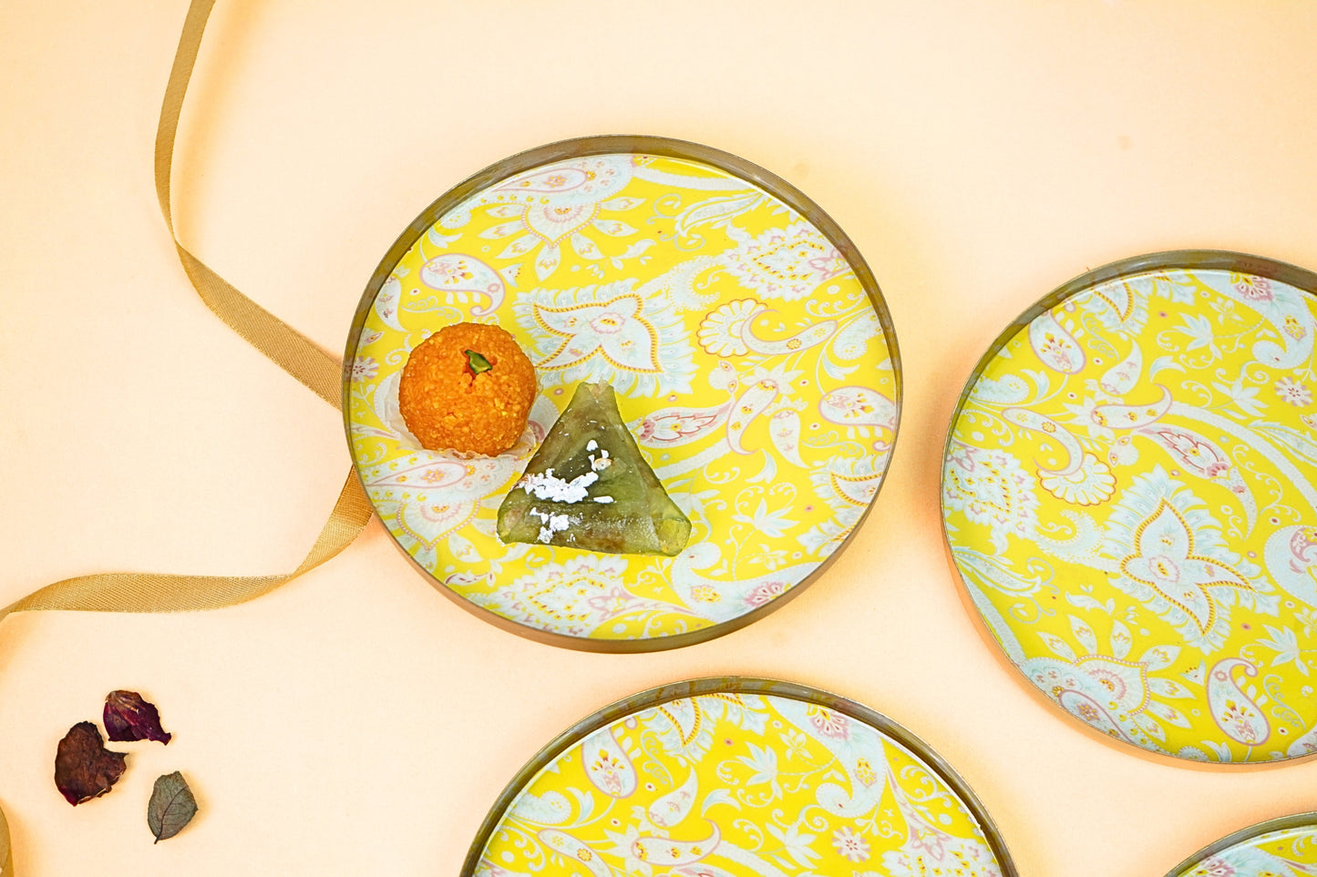 Paisley Yellow Quarter Snack Plates - Set of 4 (Comes in a Giftbox)