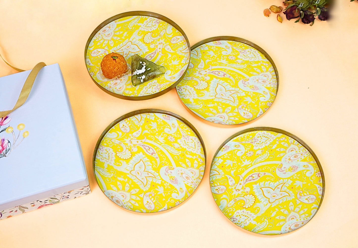 Paisley Yellow Quarter Snack Plates - Set of 4 (Comes in a Giftbox)